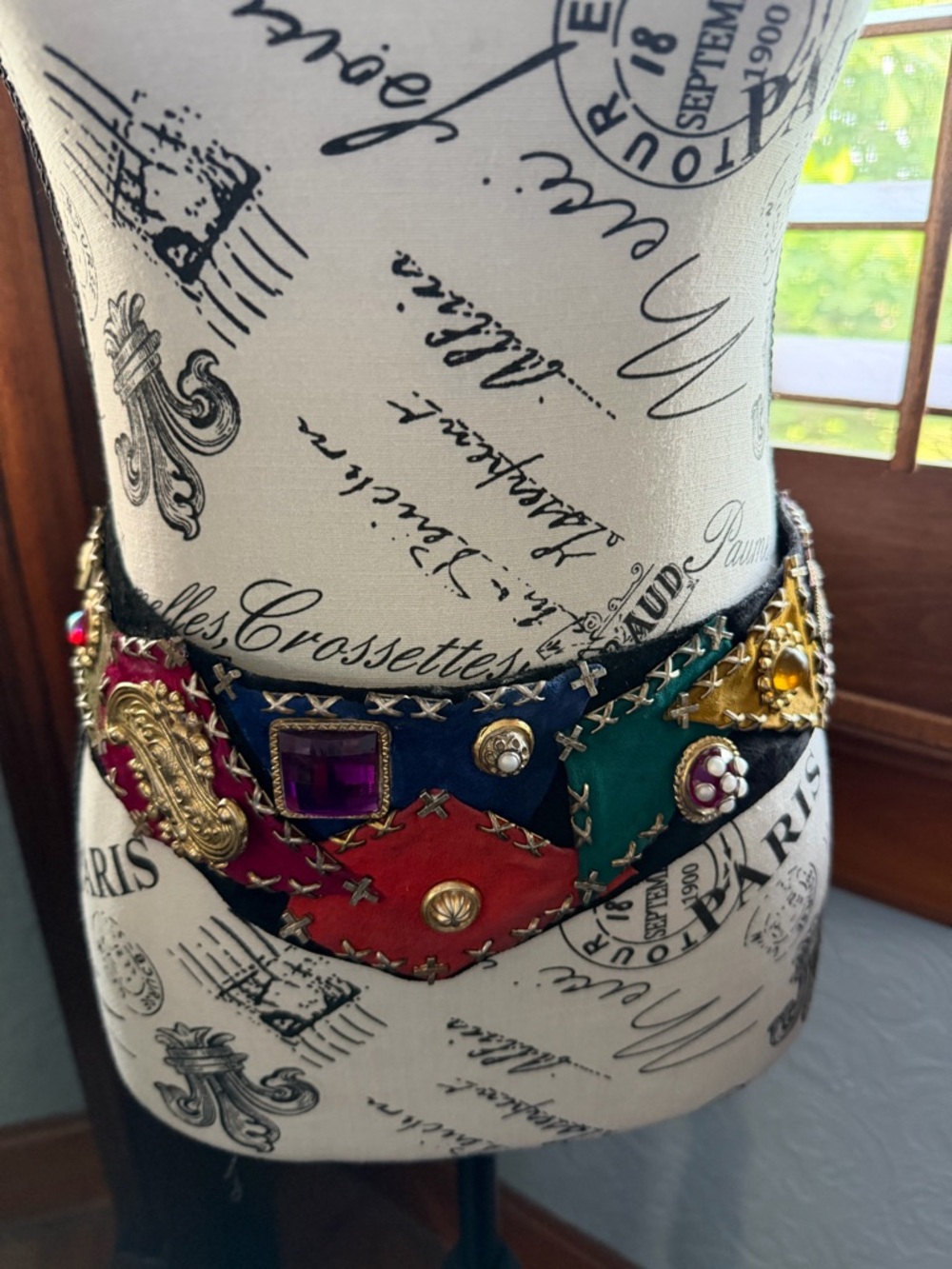 Vintage Multicolor Patchwork Statement Waist Belt with Gem Accents - Picture 3 of 16